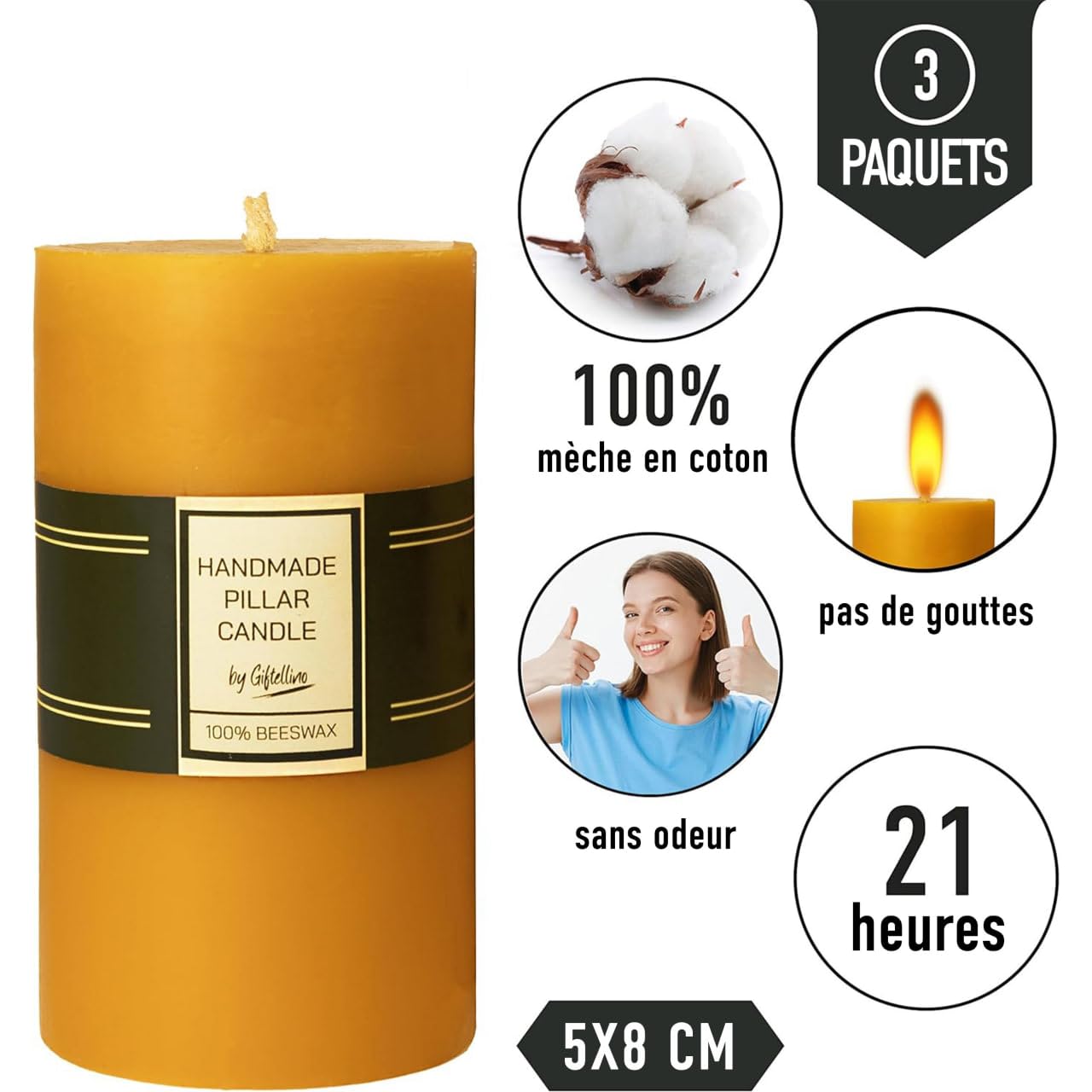 Set de 3 Bougies Pilier en 100% Pure Cire d'abeille - Durée de 21 heures Bougies Pilier sans Fumée avec Mèche en Coton - Cadeau pour les Amateurs de Bougies sans Parfum - Set of 3 Pillar Candles