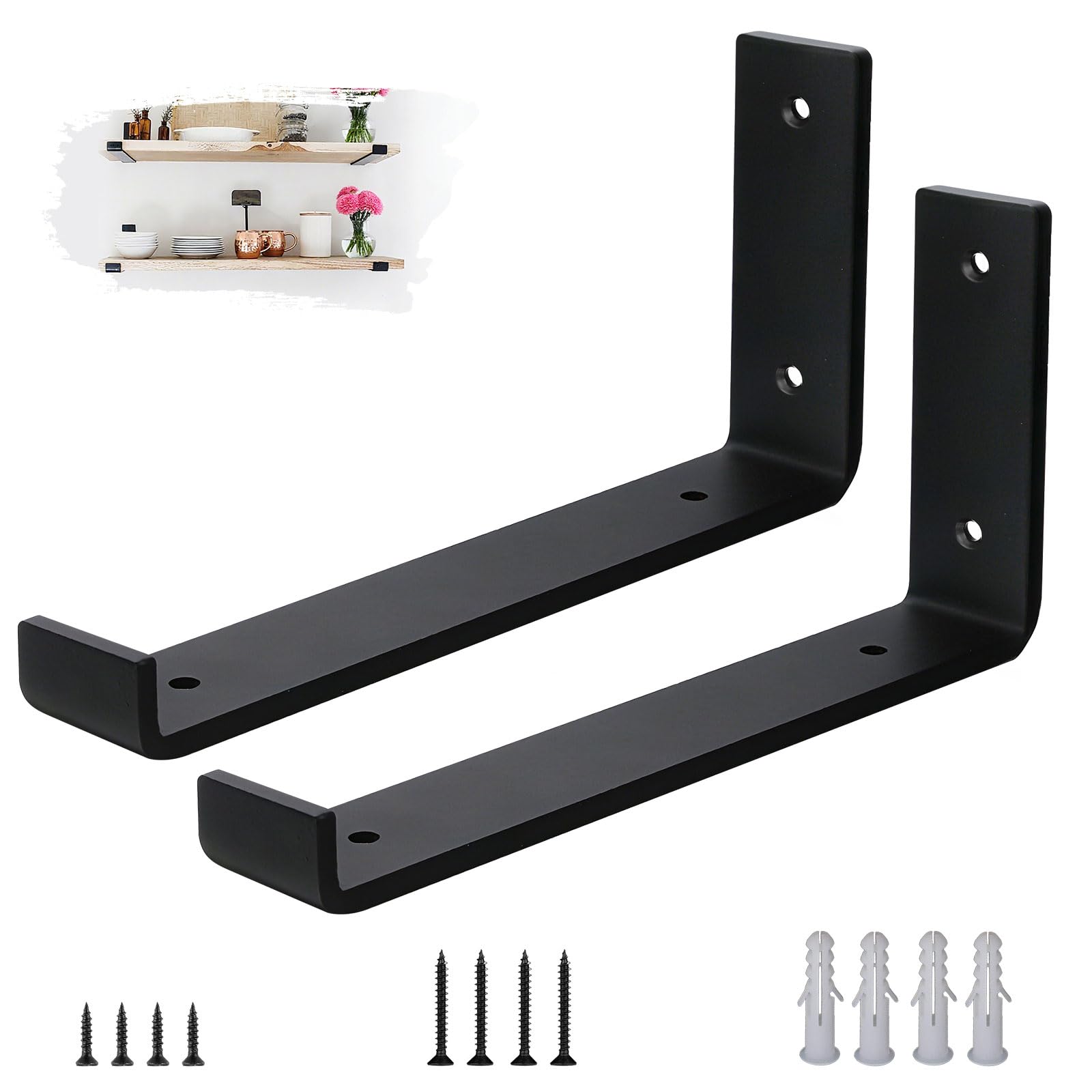 VTOPVMAX Scaffold Board Shelf Brackets 2 Pack - 5mm Thick Steel Heavy Duty Shelf Supports with Lips for 10 x 4 Inch (25cm x 10cm), Industrial Rustic Black Wall Shelf Brackets Kit