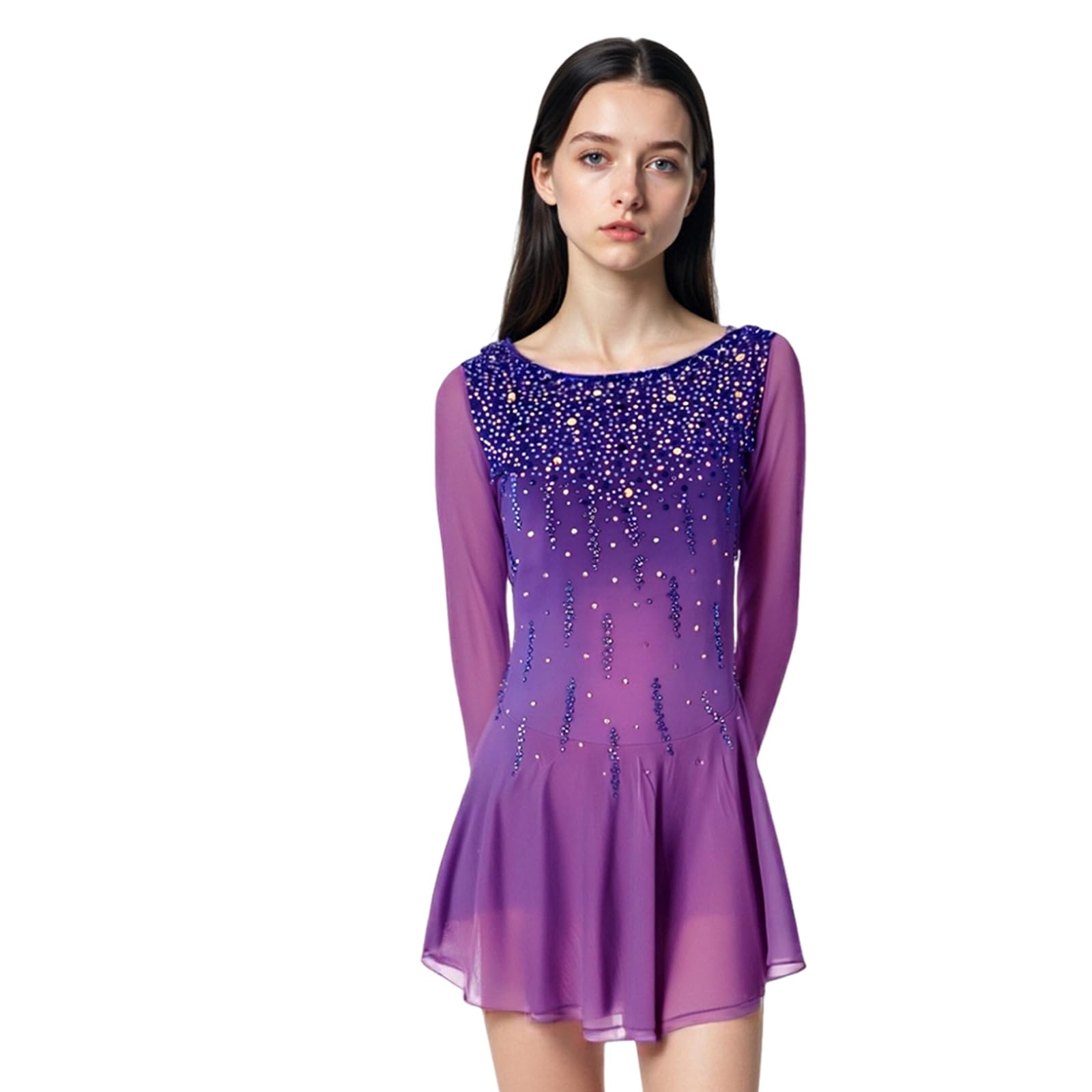 LIUHUO Ice Skating Dress Girls' Long Sleeves Deep Purple Womens Competition Elegant Handmade Crystal