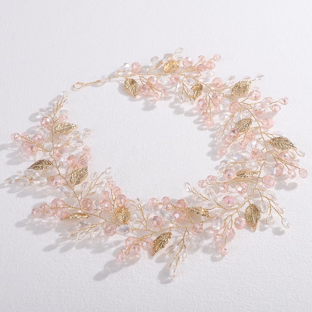 Dainty Rhinestone Beads Hair Vine Gold Leaf Crystal Beads Hairband Handmade Leaf Rhinestone Headpiece Vintage Leaves Beads Hair Vine for Wedding Women (pink, free size) image 4
