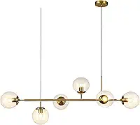 Luminária Pendente Com 6 Lâmpadas, Pendente Luminária Com Esfera De Vidro Transparente, Luminária Pendente Linear Dourada (Lâmpadas Não Incluídas)