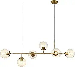Luminária Pendente Com 6 Lâmpadas, Pendente Luminária Com Esfera De Vidro Transparente, Luminária Pendente Linear Dourada (Lâmpadas Não Incluídas)