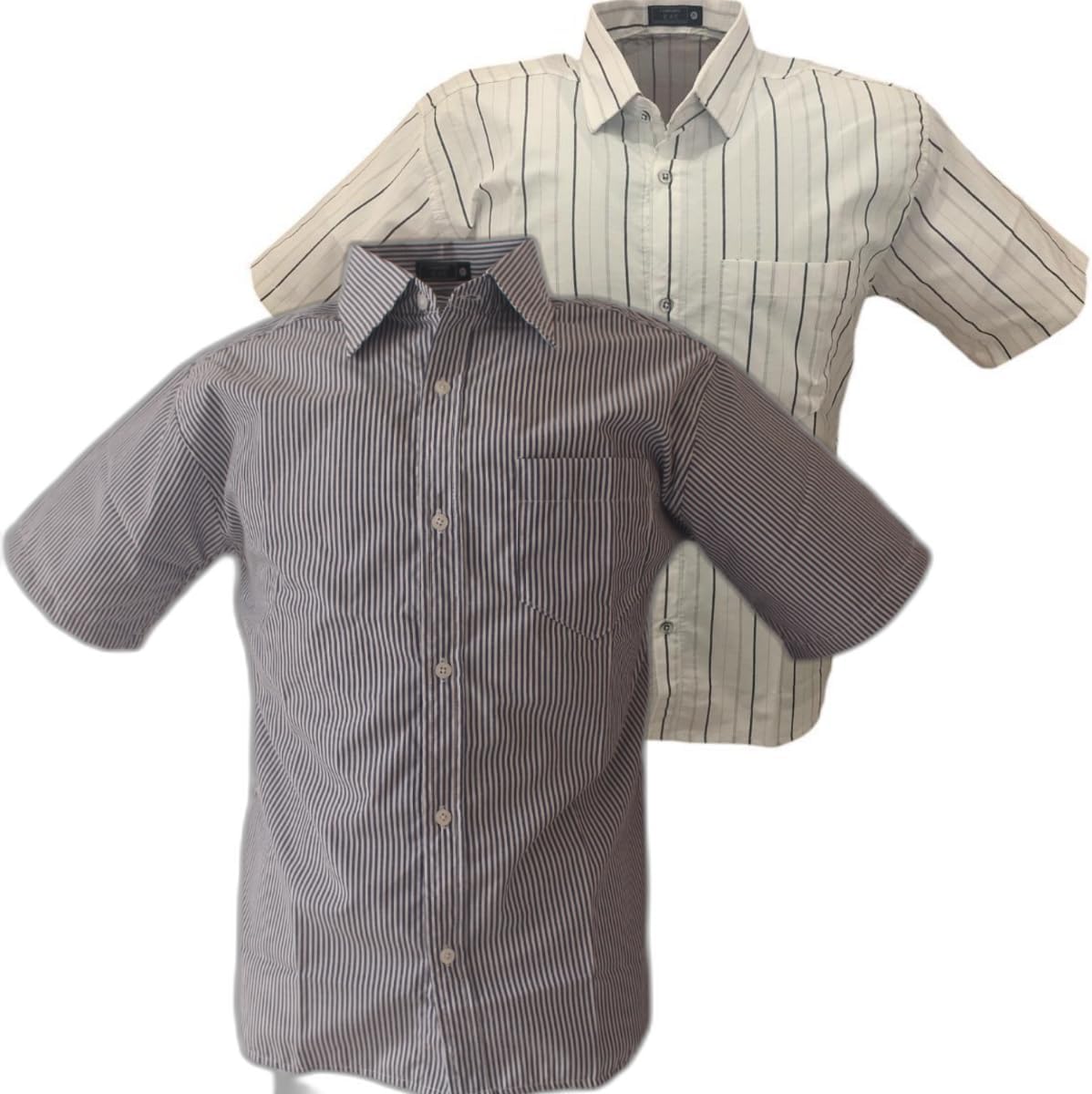 Camisa Social Masculina Listrada, Manga Curta, com Bolso, Azul e Telha, 2 Peças