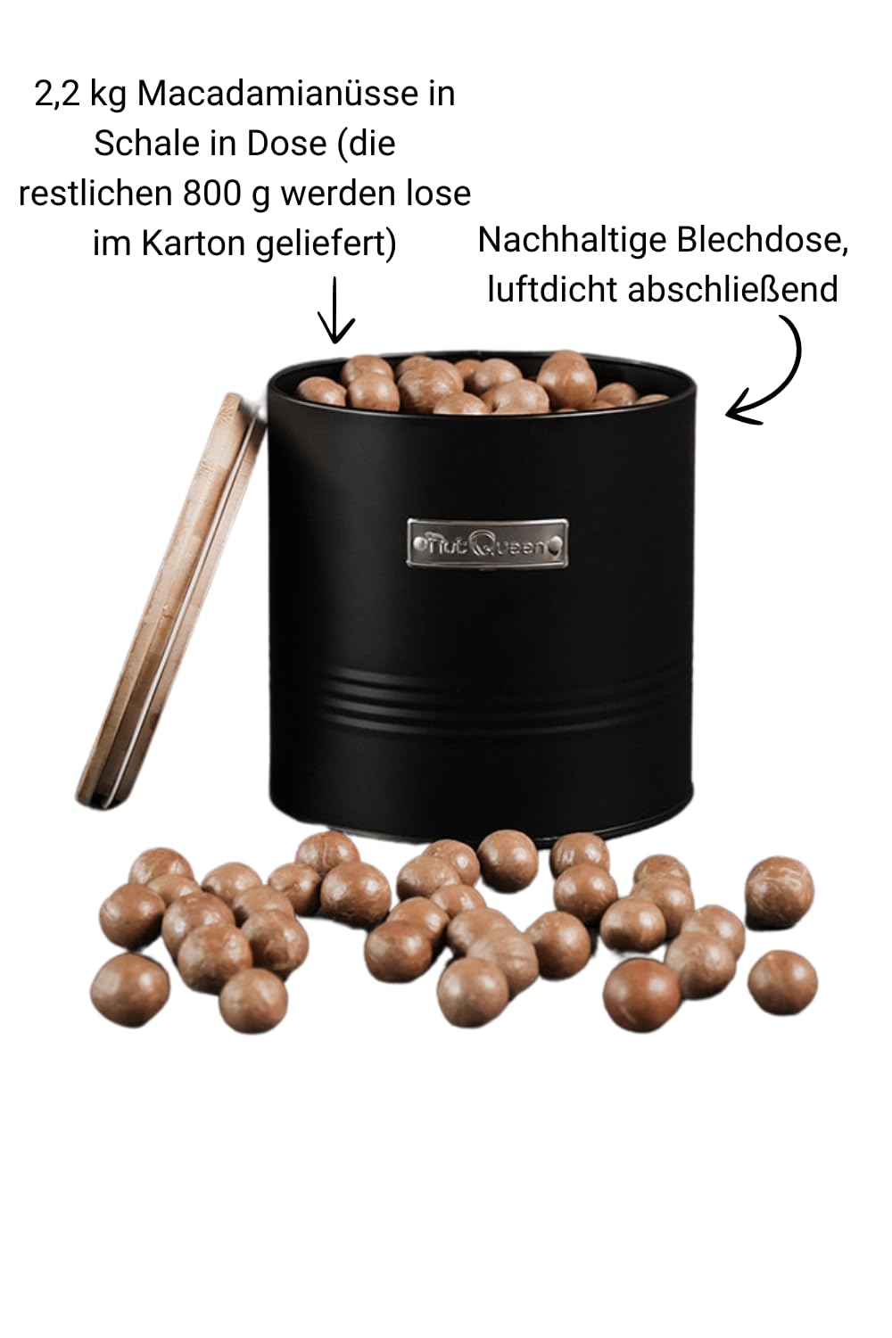 Vorratsset, 3 kg Macadamianüsse in Schale, luftdichte Aufbewahrungsdose aus Blech mit Bambusdeckel