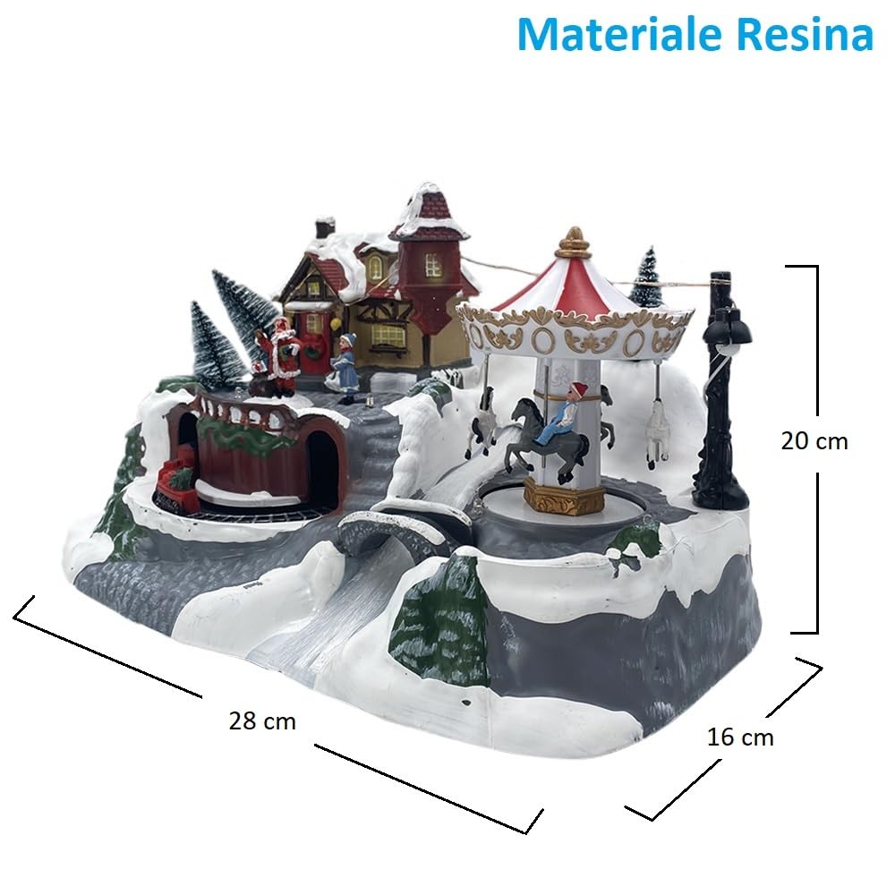 PALUPLUS Villaggio Innevato di Natale da tavola con Luci, Musica e Movimento, Misura 31x19,5x21 cm, Giostrina con Casetta, Treno, Carosello, Decorazioni Natalizie -8072C
