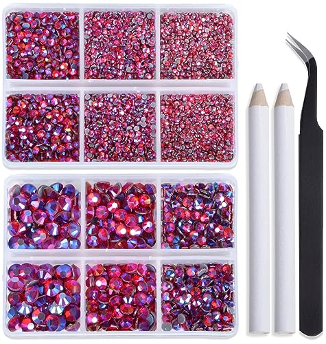 Image of Bymitel Hotfix Crystal Rhinestones Round Gems for Crafts,Mixed 6 Sizes with Wax Pencil Kit, Siam AB 1.6-6.3mm SS4-SS30 /8000pcs