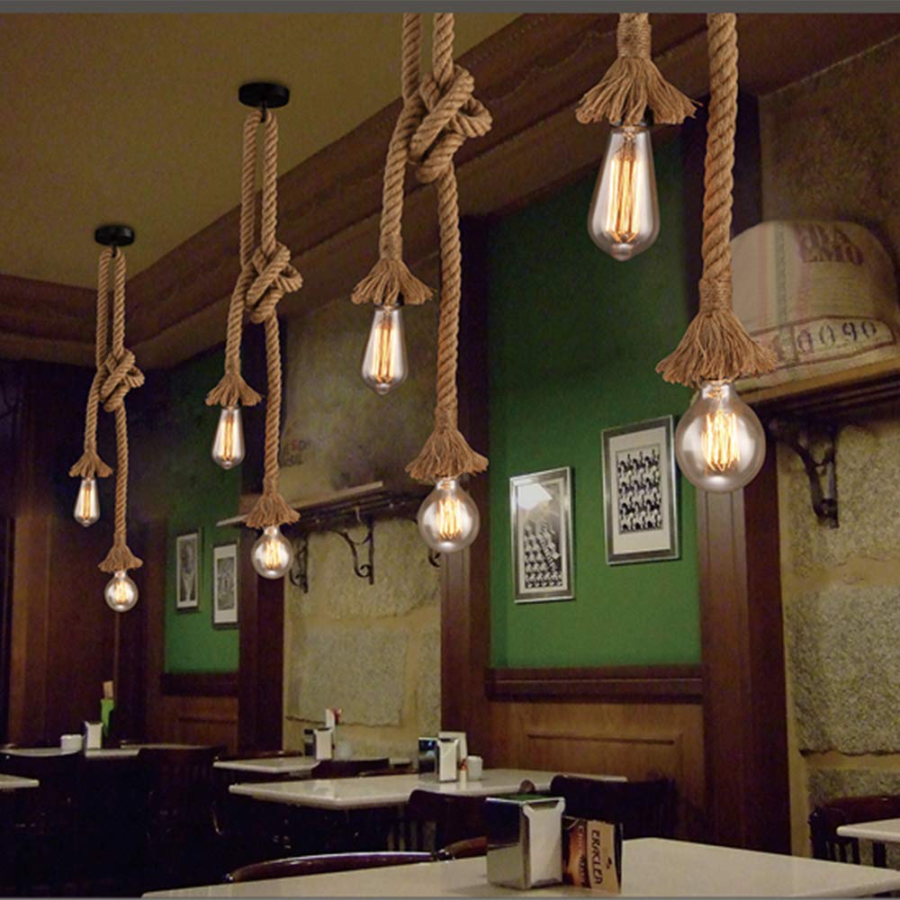 Vecys Lámpara Colgante de Doble Cabezal en Cuerda de Cáñamo Lampara Techo Cuerdas Lapara de Cuerda Lampara Cuerda Vintage para Cafeterías, Restaurantes, Bares, etc. (300 CM)
