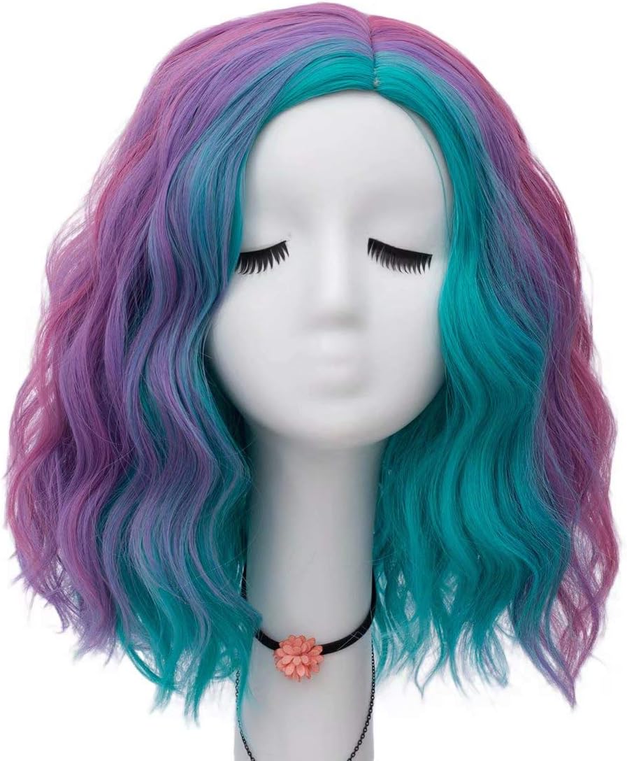Women 16 Inches Blue Purple Rainbow Colorful Curly Wave Fashion Party Cosplay Wig