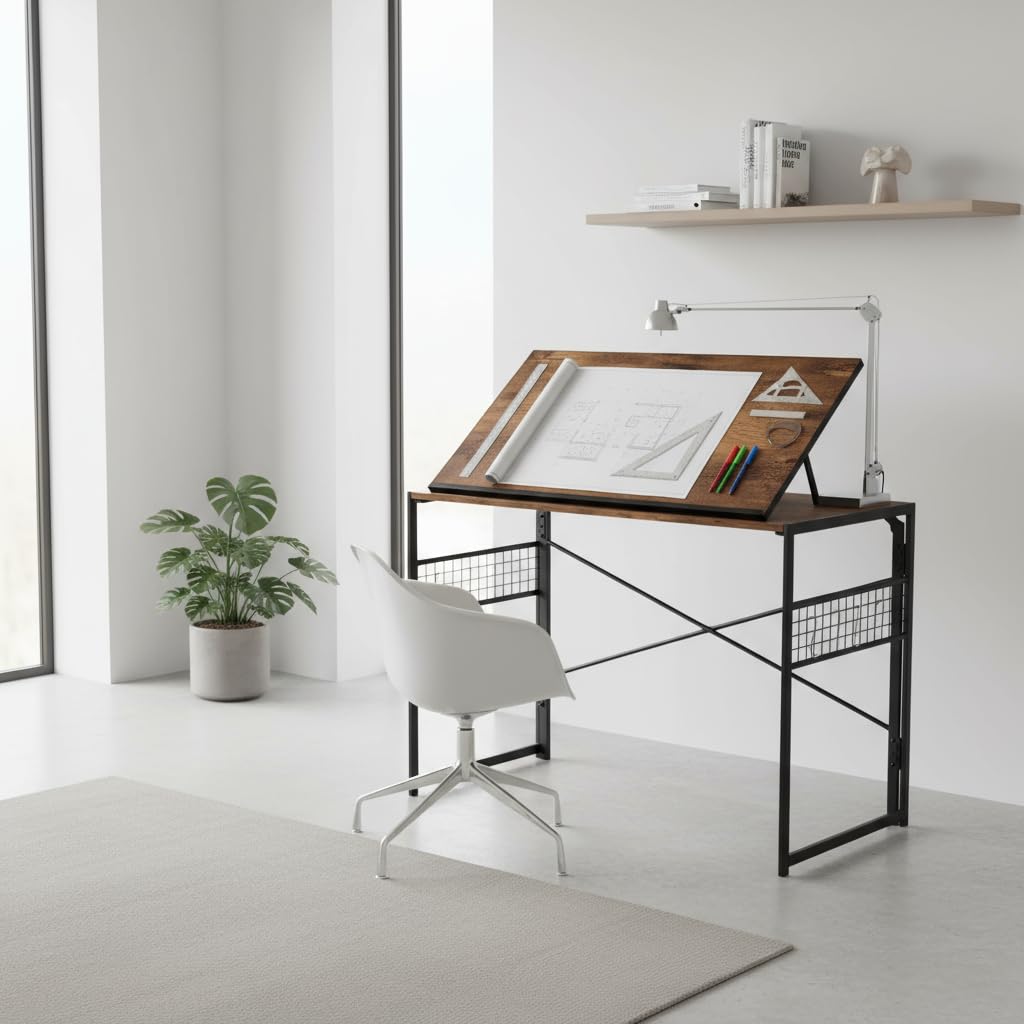HOMYLIN Tavolo da disegno versatile da 100 cm, con ganci a S, scrivania pieghevole per casa, ufficio e spazi creativi, marrone