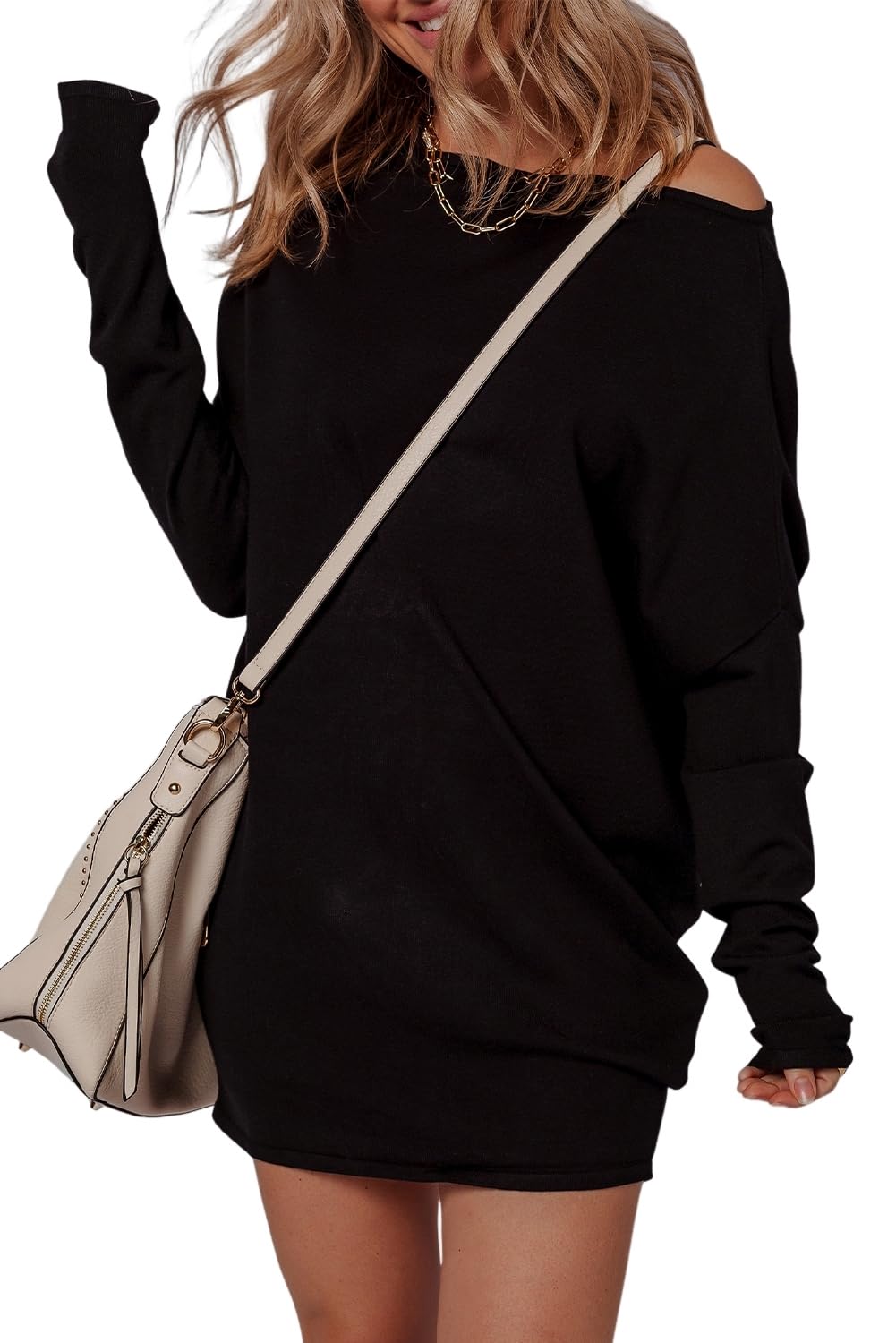 Womens Sweater 2025 Black Asymmetric Neck Batwing Sleeve Shift Mini Sweater Dress