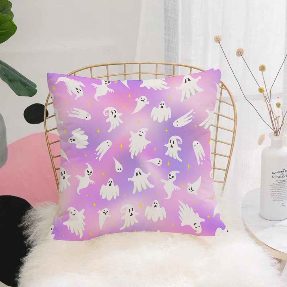 HYOSXW Cushion Cover,Throw Pillow Case Home Decorative for Living Room Bedroom Sofa Chair 16X16 Inch,Halloween ghost pattern. Cute white flying ghosts on holographic pink gradient,Pillowcase 40X40cm