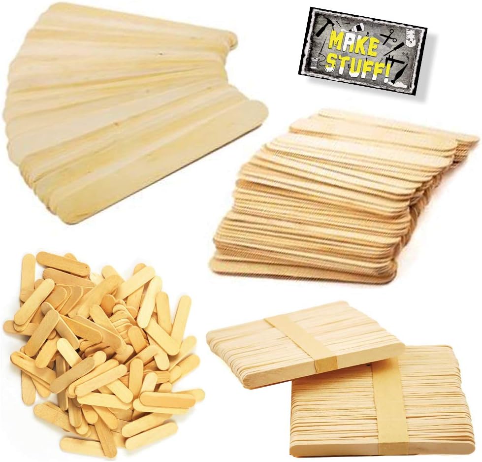 Craft Sticks, Assorted Sizes- Extra Jumbo (25-ct), Jumbo (50-ct), Regular (100-ct) and Mini (120-ct)-Natural Wood, 4-Pack Bundle with 'Make Stuff' Magnet