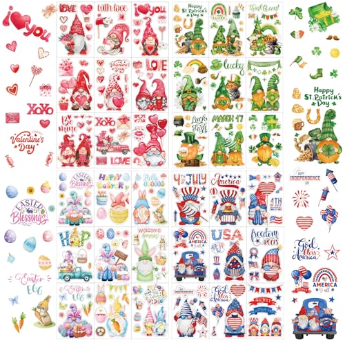 Humyoun 36 Sheets Window Clings Set Festive Window Stickers for Valentines St Patricks Easter 4th of July Window Decor Large Heart Tree Shamrock Egg Stars for Glass Windows Home