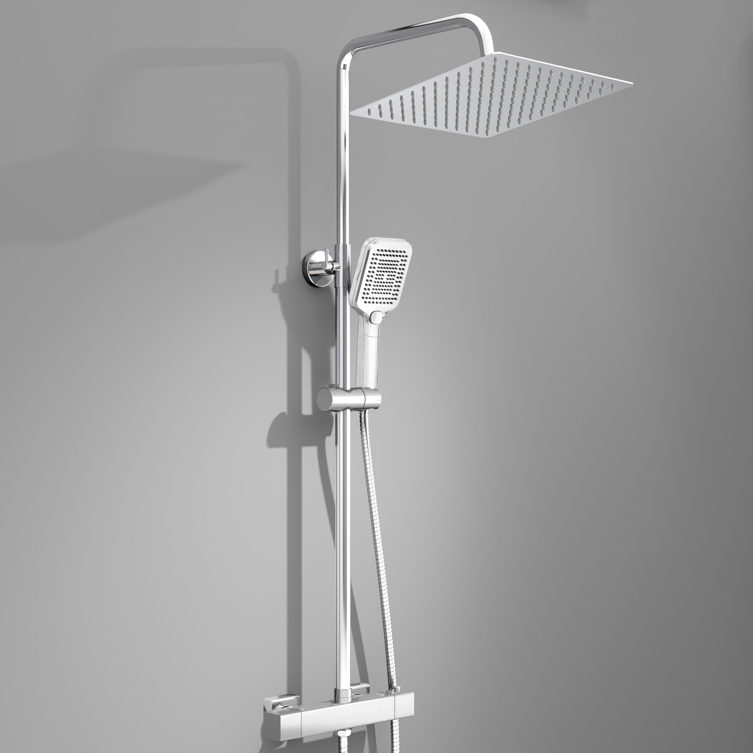 Simple Bathroom Thermostatic Shower System, 12" Square Rainfall Shower Head 304 Stainless Steel, 3-Mode Handheld, Anti-Scald Valve, Leak-Proof Hose, Easy DIY Install, Chrome