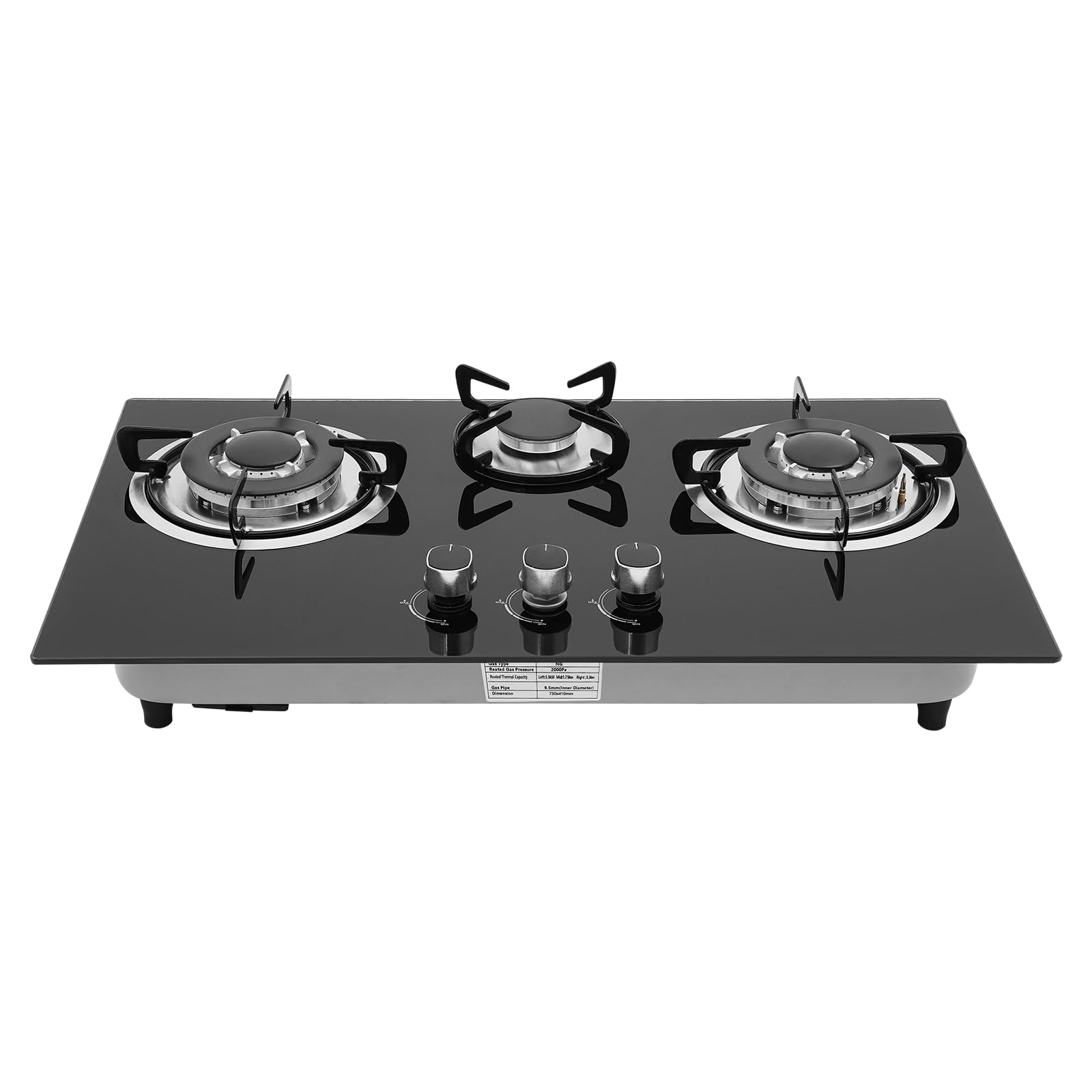 Fornello a gas in vetro da incasso, piano cottura a gas a 3 fuochi Gas Stove, fornello a gas per piani cottura LPG/NG, incluso supporto per pentole, telaio smaltato e testa del forno in alluminio
