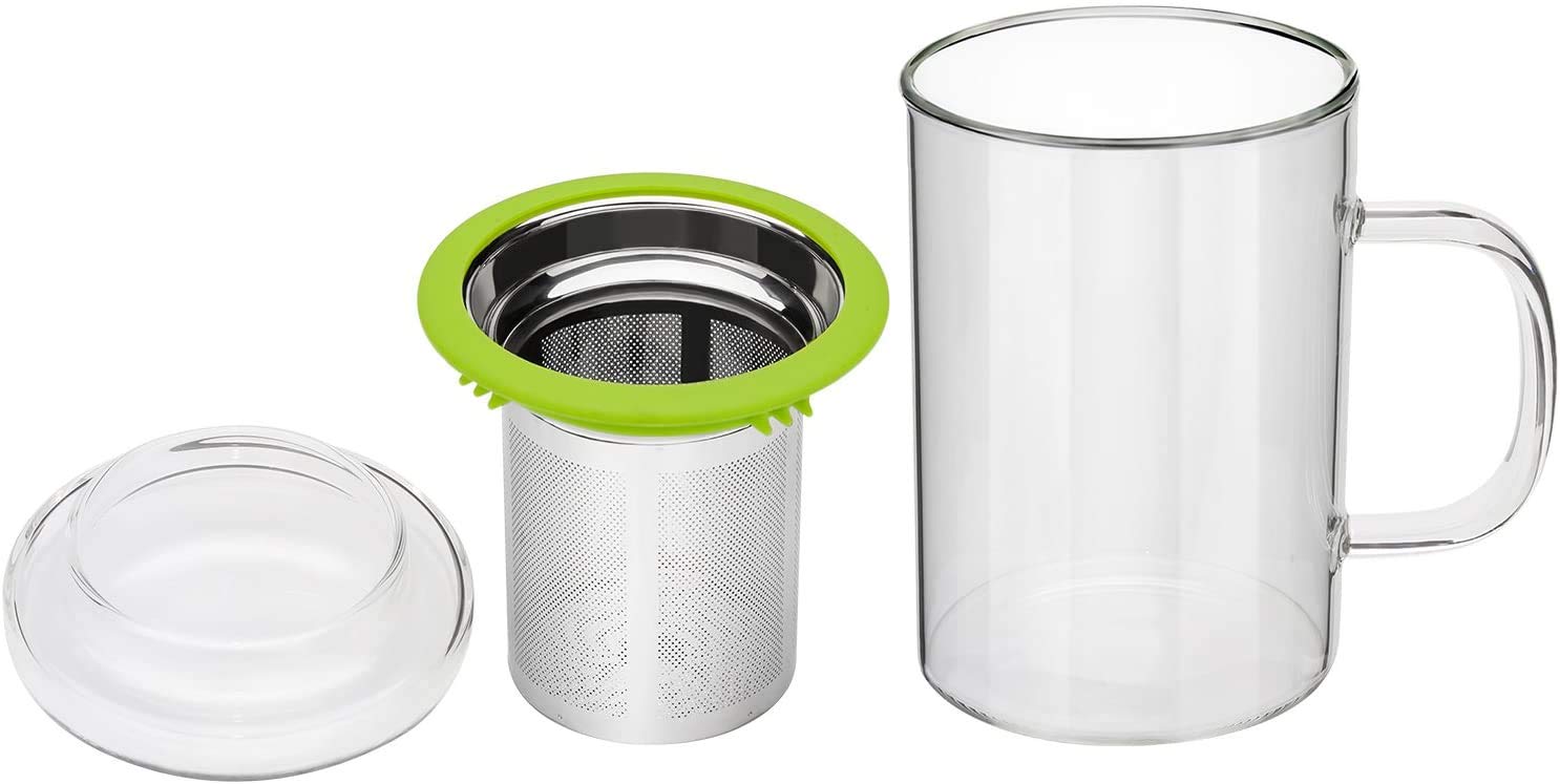 NimaTea Tea Mug with Infuser and Lid for Loose Tea Brew. Borosilicate Glass and Stainless Steel Strainer Wraps with a Green Silicone Band. 16.9oz, Functions as a Teapot or Teacup, BPA Free - Pack of 2
