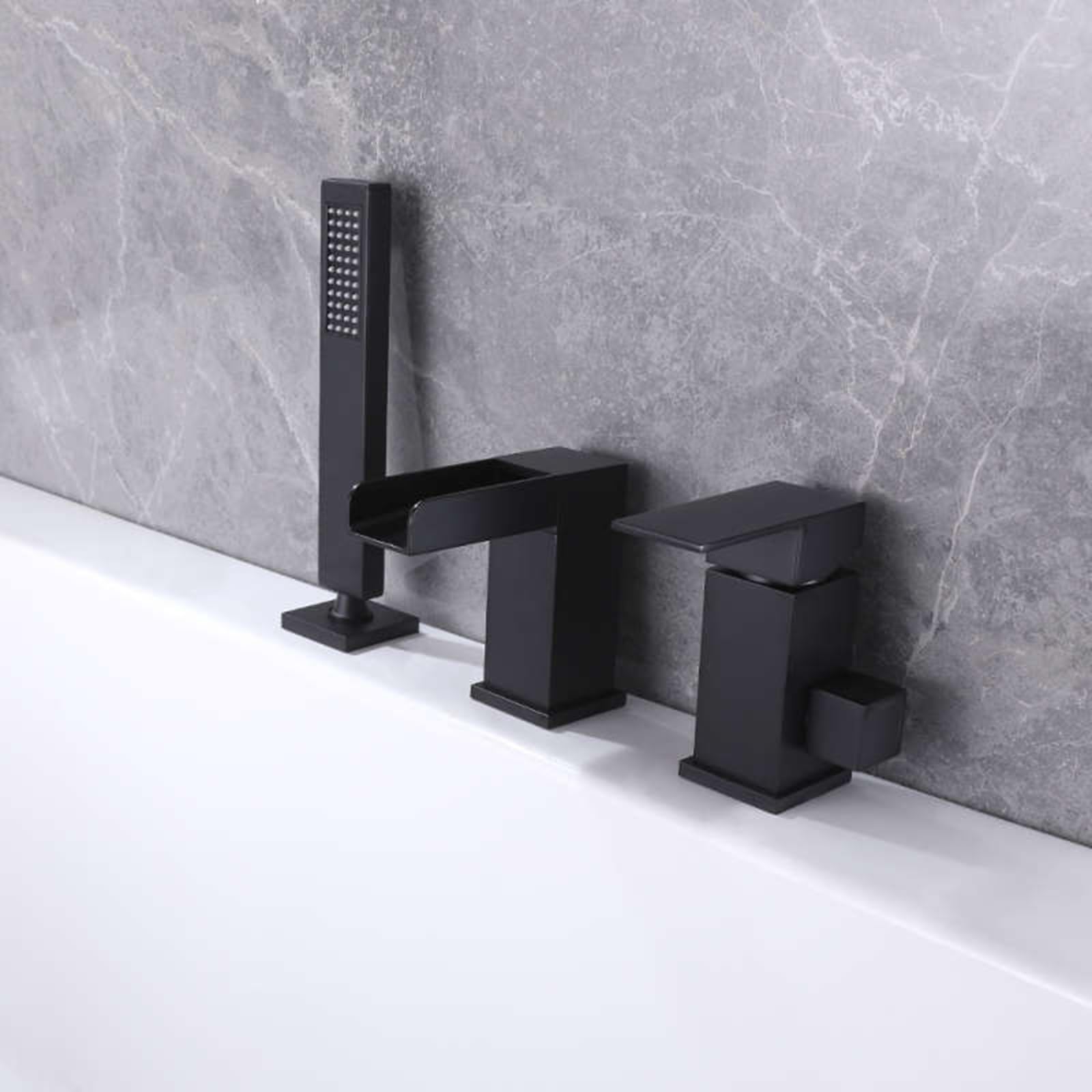 SnamicE Deck Mounted Bath Shower Mixer Tap Black Waterfall Bath Mixer Tap Single Handle Faucet,