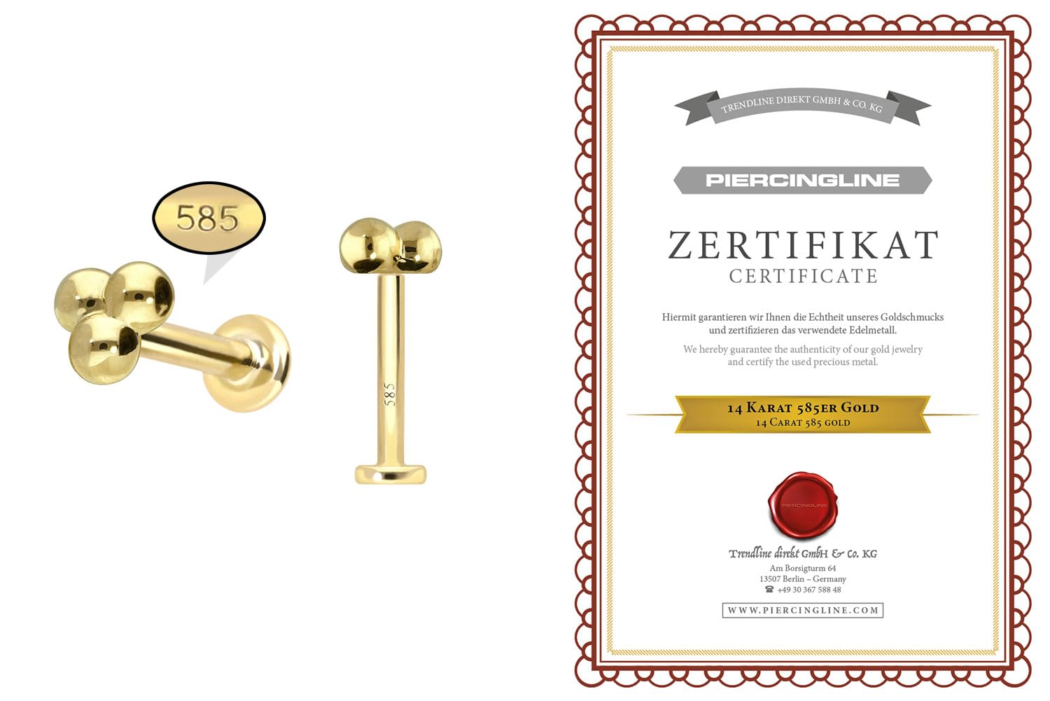 PIERCINGLINE 14 Karat Gold Labret Ohr-Piercing mit Push Fit 3 KUGELN Farb & Größenauswahl