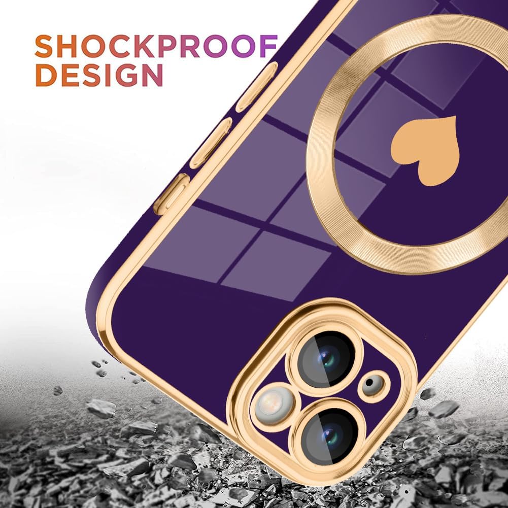 tharlet Magnetic for iPhone 13 Case [Compatible with Magsafe] Cute Love Heart Luxury Plating Gold Edge Bumper Case with Full Camera Lens, Purple (6.1") - Image 4