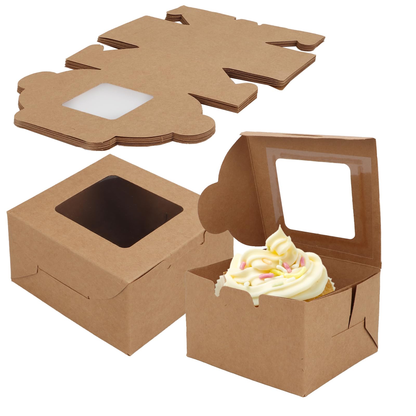 GOYADA 50 Pack Small Cake Boxes, 4 Inch Cupcake Box with Window, Kraft Paper Boxes Small Gift Boxes for Cookies, Muffins, Donuts, Gift Packing Cake Boxes for Wedding, Party, Christmas