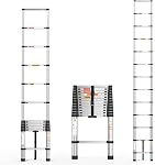3.2M Telescopic Ladder, 10.5ft Folding Step Ladder Multi-Purpose Extendable Loft Ladder, Stainless Steel Retractable Roof Ladders, Portable Foldable Ladder for Home Garden Office, Anti-Slip