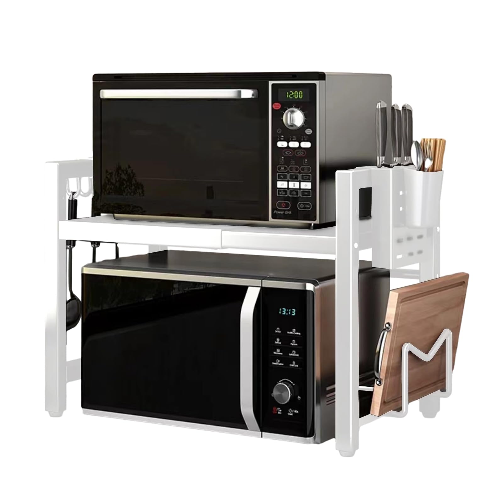 Estante expandible para horno de microondas, organizador de encimera de cocina con 6 ganchos, soporte para tabla de cortar, organizador de almacenamiento de cocina, soporte de estante de