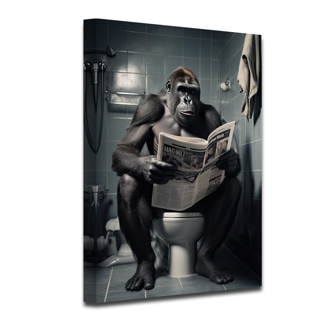 CXHOSTENT Funny Gorilla Bathroom Canvas Wall Art Monkey Reading Newspapers on Toilet Pictures Prints Animal Poster Kids Bathroom Print Restroom Decor (A-4, 30.00 x 45.00 cms)
