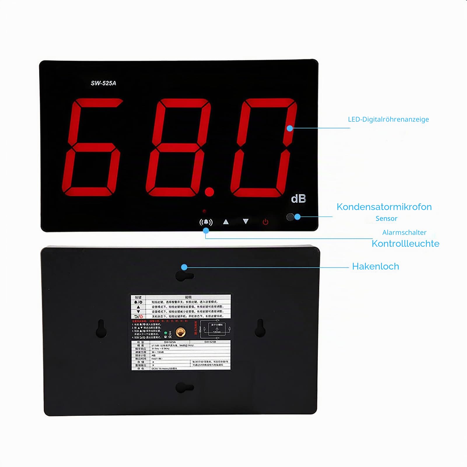 30dB-130dB Messgerät, DC5V 1A Micro USB Dezibelmesser SW-525A Großer dB Anzeige LED Schallpegelmesser Wandmontierter, dB Messgerät mit Alarm für Umgebungslärmerkennung