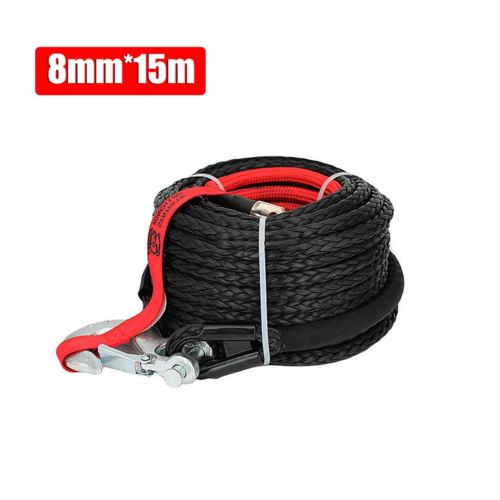 8mm * 15m syntetyczna lina wyciągarki samochód holowniczy 4x4 akcesoria przyczepa terenowa pasek wytrzymałość na zerwanie Max 20500LBS dla pojazdu ATV SUV(Matte Black Hook)