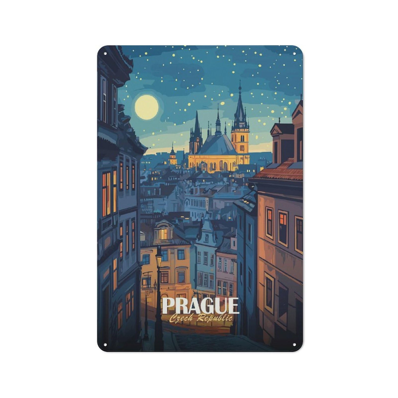 Prague Czech Republic Night Cityscape Decorative Tin Sign 30x20cm, Distressed Look Vintage Wall Decor for Lounge, Study, Pub Or Wall Gallery
