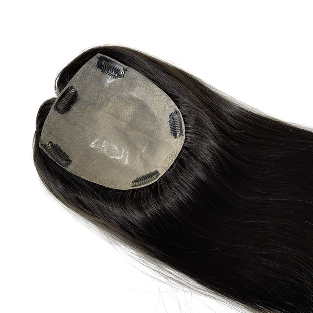 Injected Thin Skin PU Base Silk Top Base Partition Size 15cm*16cm Women Human Hair Topper (16 Inch, 1B# Natural Black)