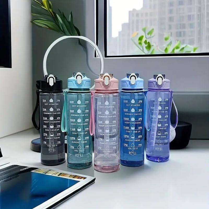 Image of MKY Motivational Water Bottle 1L BPA Free Leakproof Time Marker Bottle with Straw Safety Lock Carry Storage Reusable Plastic Drinking Bottle for Gym School Office Travel (Set 1) (Multicolour)