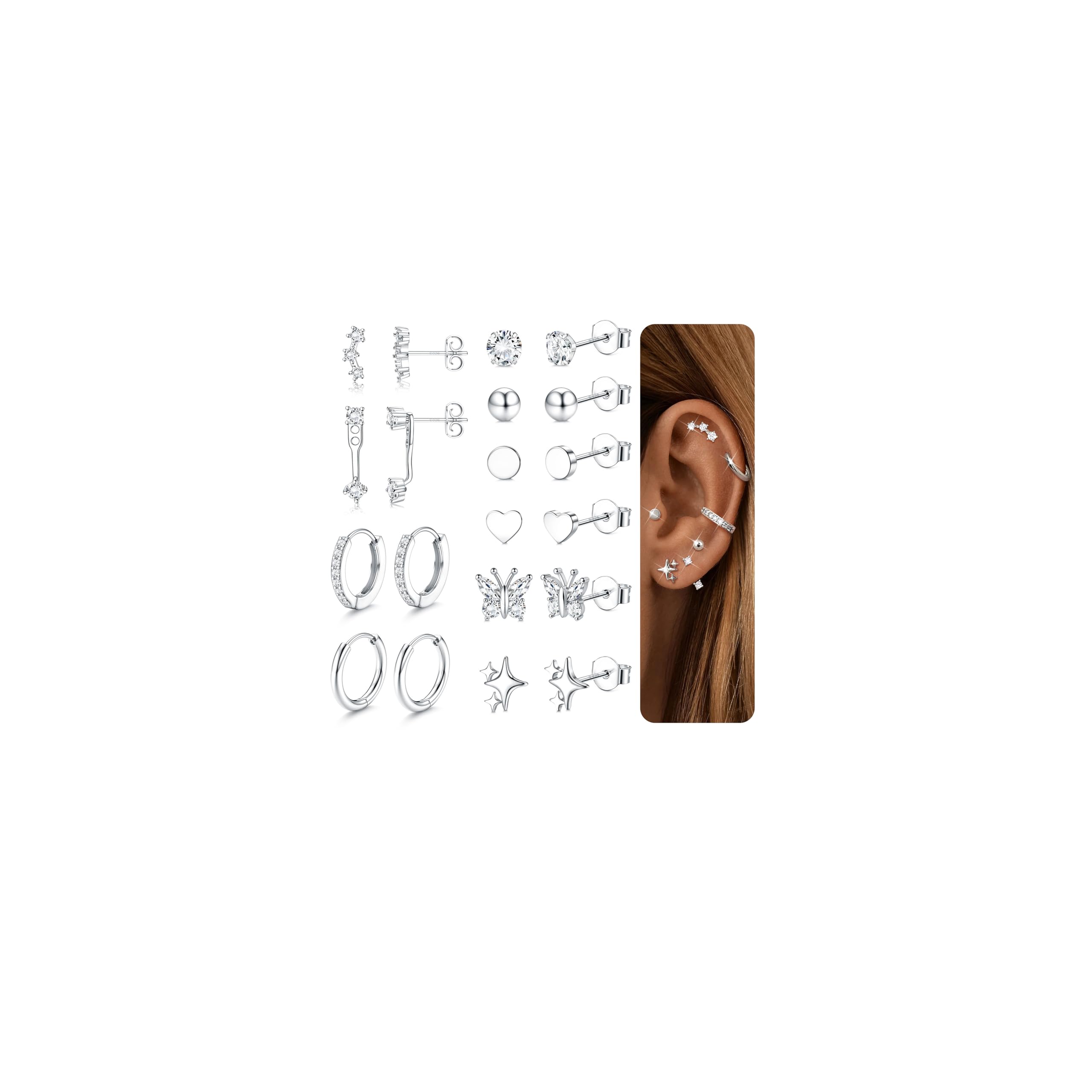 Aretes de plata de ley para mujer, hipoalergénicos para múltiples piercings, delicados aretes chapados en oro de 14 quilates, juego de aretes pequeños de plata, Plata de ley, No es una piedra