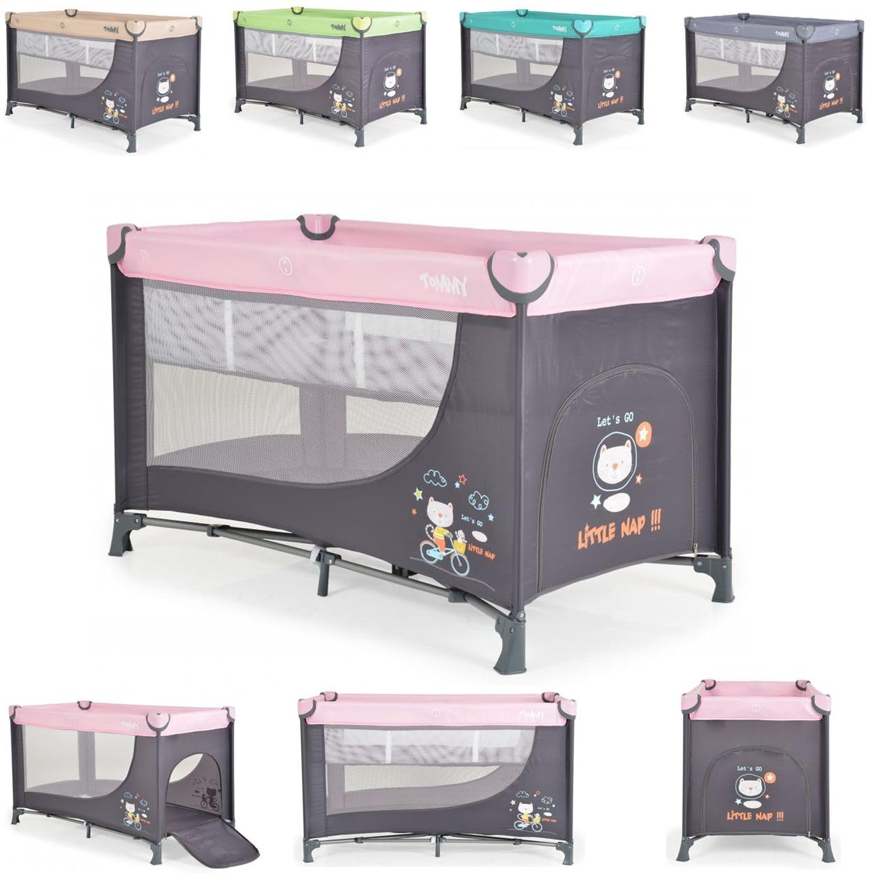 Moni cuna de viaje Tommy, 2 niveles, colchón plegable, entrada lateral, capazo, color:rosa