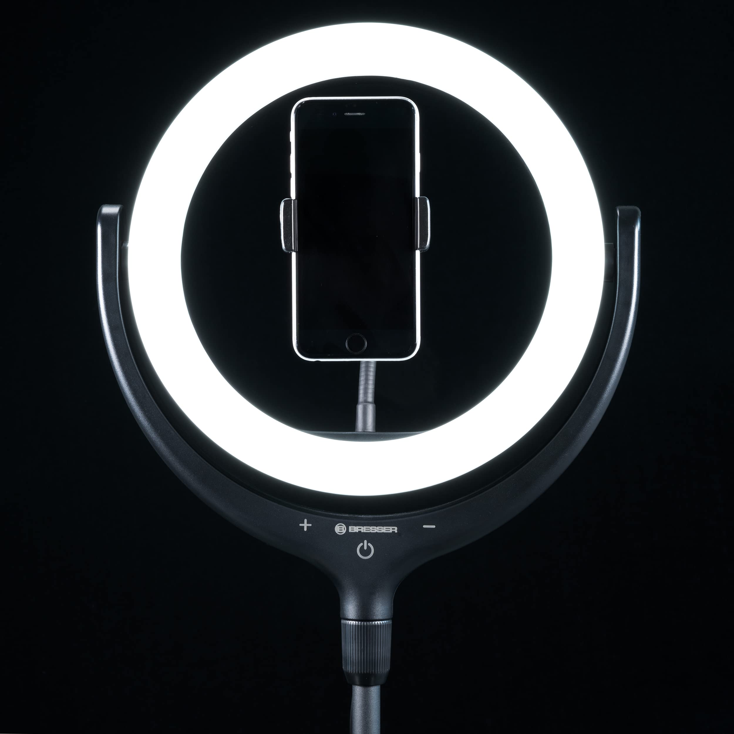 Bresser Ringlicht mit Stativ, Handy-Halterung und Dimmer zur Ausleuchtung von Videos, Portrait- und Produktfotos, schwarz | 96 SMD LEDs, 10 W Leistung, 3 Farbtemperaturen, stufenlos dimmbar, USB Anschluss, Flexiarm mit Kugelkopf