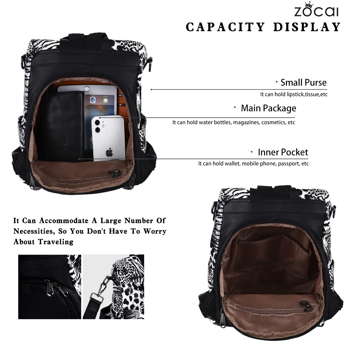 ZOCAI Mochila monedero para mujer de moda, carteras, de piel sintética, mochila diaria, antirrobo, bolso de hombro, monedero, Leopardo negro., M