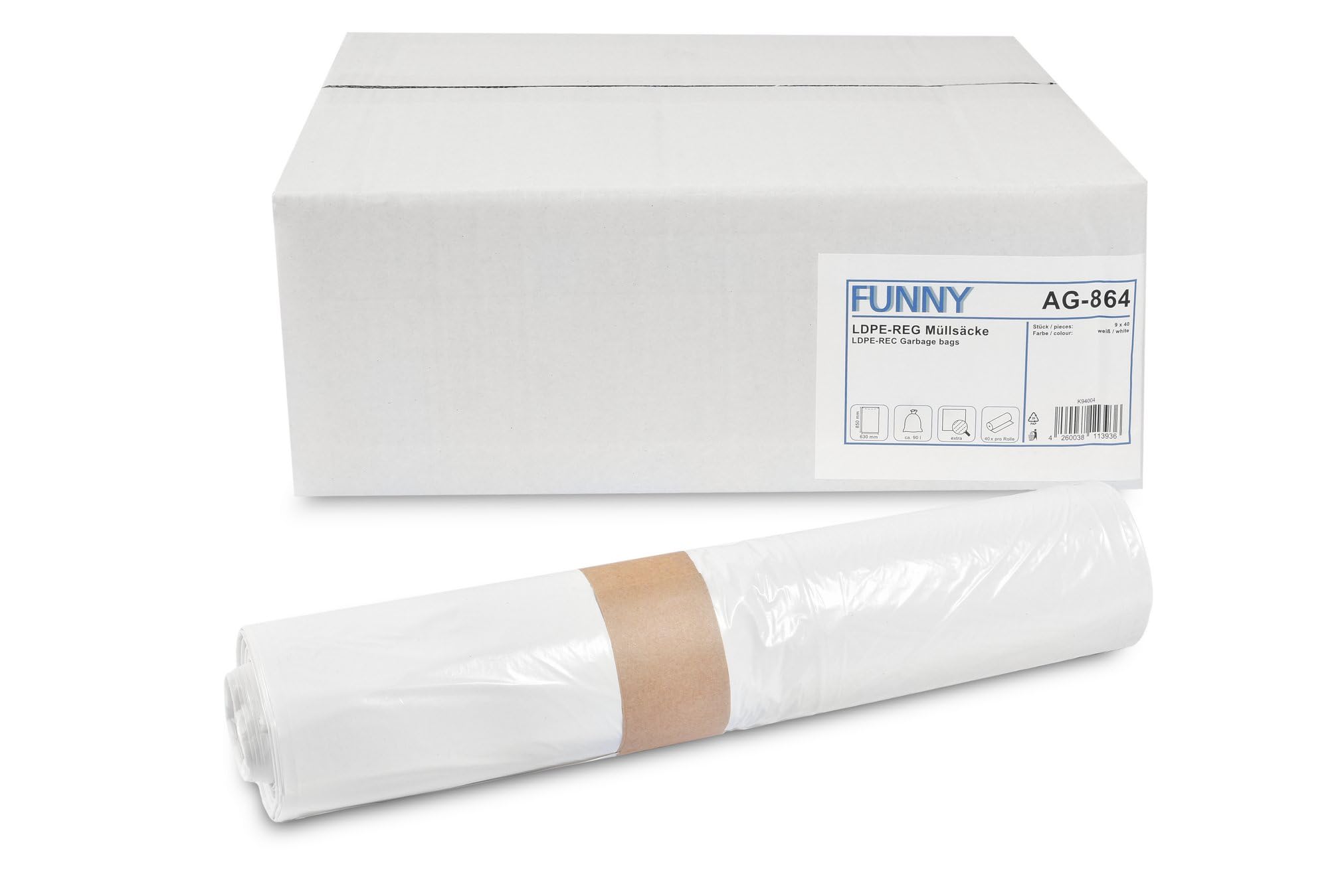 Śmieszne torby na śmieci HDPE (38,5 x 24,5 x 85 cm bardzo mocne około 90 l) 360 torebek białe