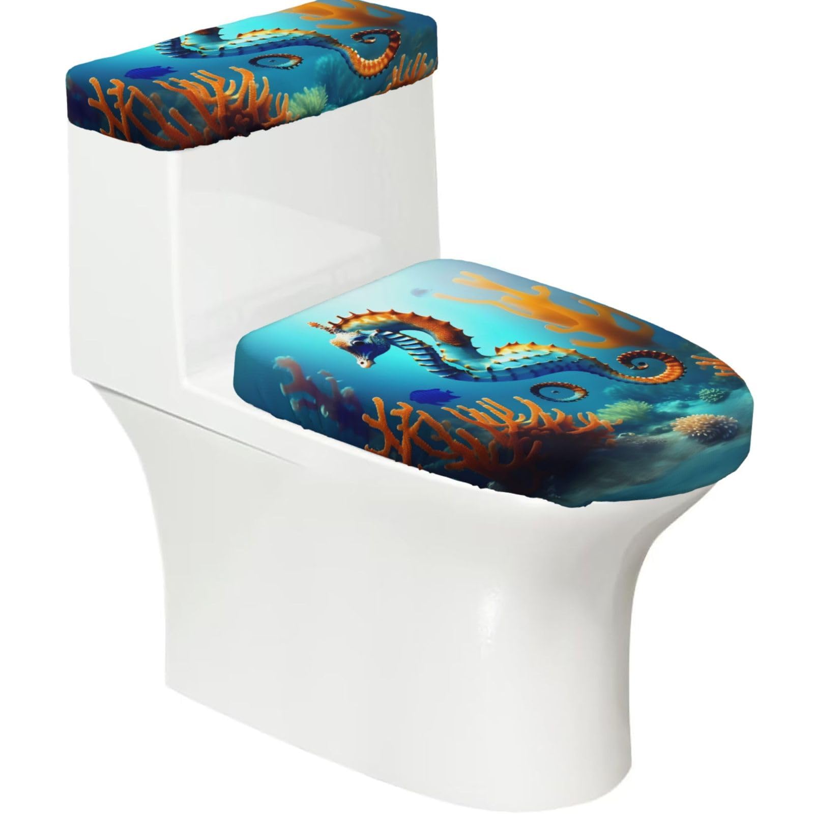 Cntdbu Black Seabed Coral Seahorse Stretchy Toilet Lid And Tank Cover Set-Soft Elastic Bathroom Decor For U Shape Oval