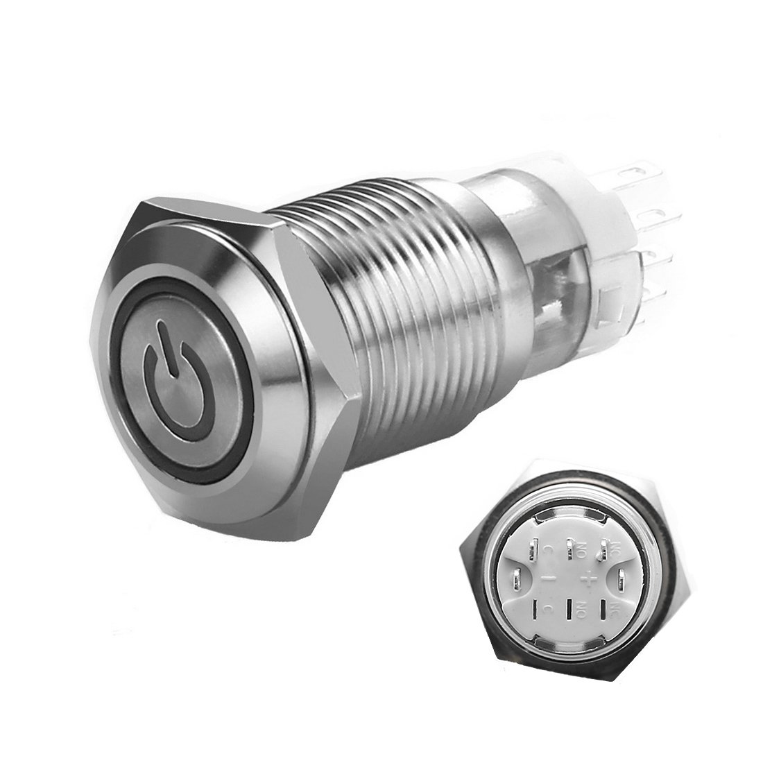 50% Off Discount WerFamily 16mm 12V 3A Latching Push Button Switch 1NO 1NC SPDT ON/Off Waterproof Metal Round with Blue LED Angel Eye + Power Indicator