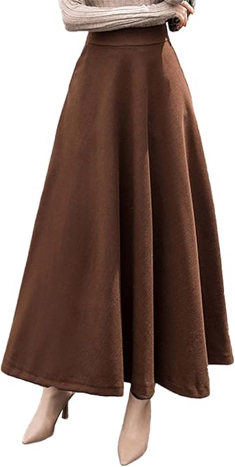 SOMTHRON Womens Fall High Waist Woolen Long Skirt A Line Flared Swing Pleated Winter Vintage Maxi Skirt
