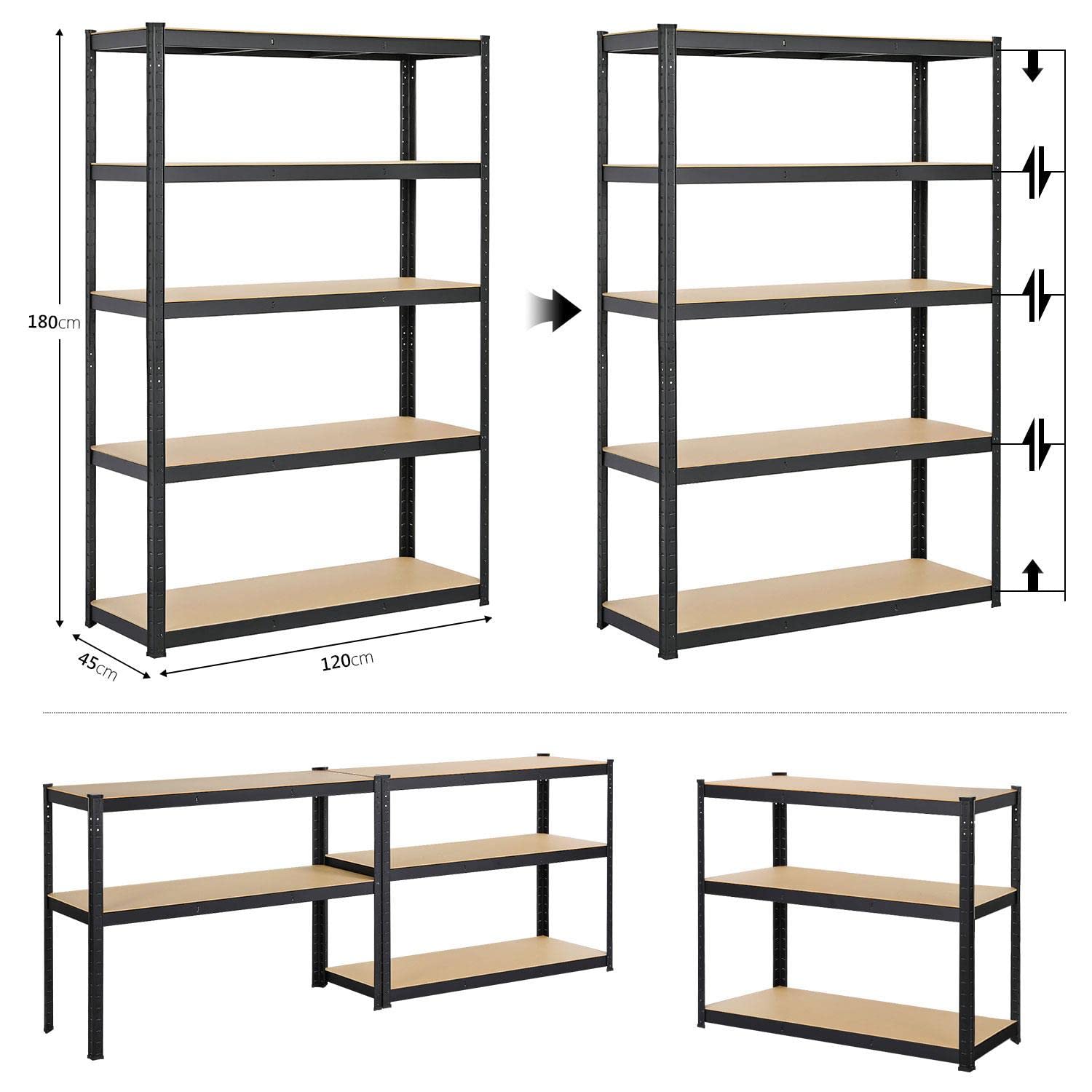 Abician Étagère Charge Lourde 875kg Étagère de Garage Rangement 5 Niveau Réglables Cadre en Métal 180 x 120 x 45cm Noir
