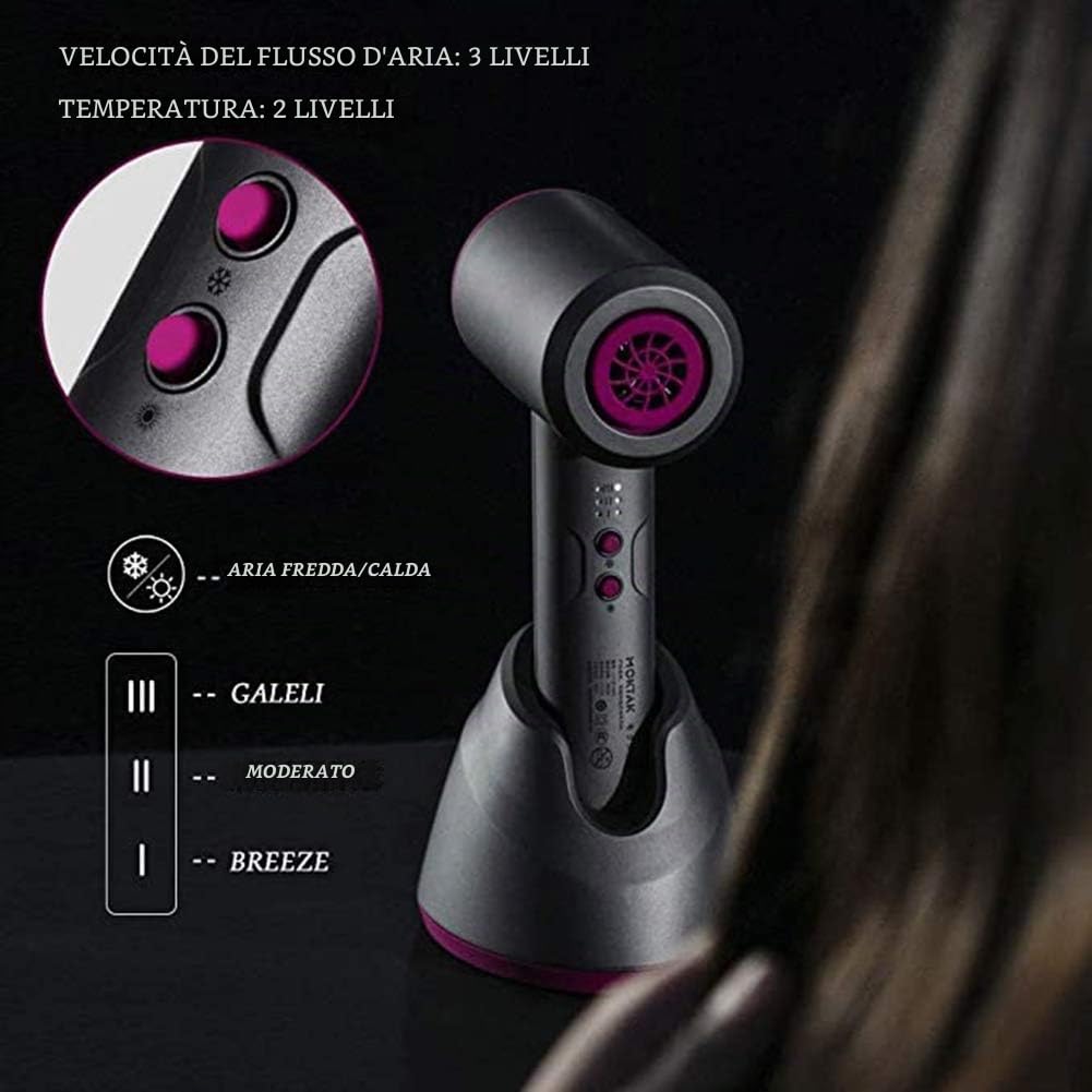 Asciugacapelli Senza Fili Professionale Phon per Capelli Ionico Batteria Ricaricabile da 4900 mAh 3 velocità Regolabile con ugello di Raccolta e diffusore