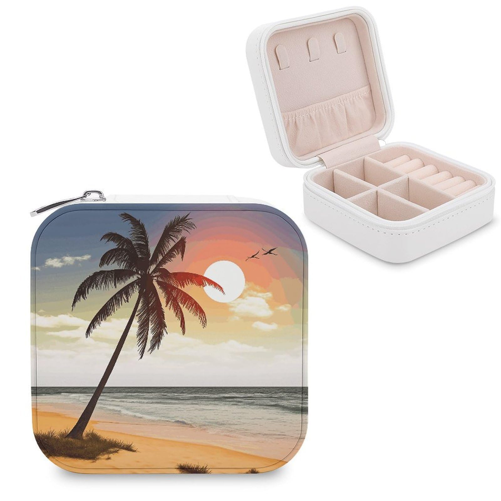 VstaDank Palm Tree on Beach Jewelry Box Exquisite Leather Jewelry Organizer Portable Trinket Organizer Fashion Travel Jewelry Case for Rings Earrings Necklaces Unique Gifts for Women