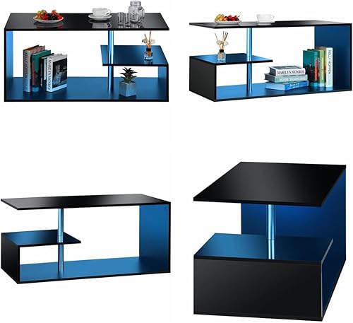 Miniatura 8 de HOMMPA Mesas de centro LED para sala de estar, moderna mesa de centro negra con forma de S de 3 niveles, estante de almacenamiento abierto, mesa de