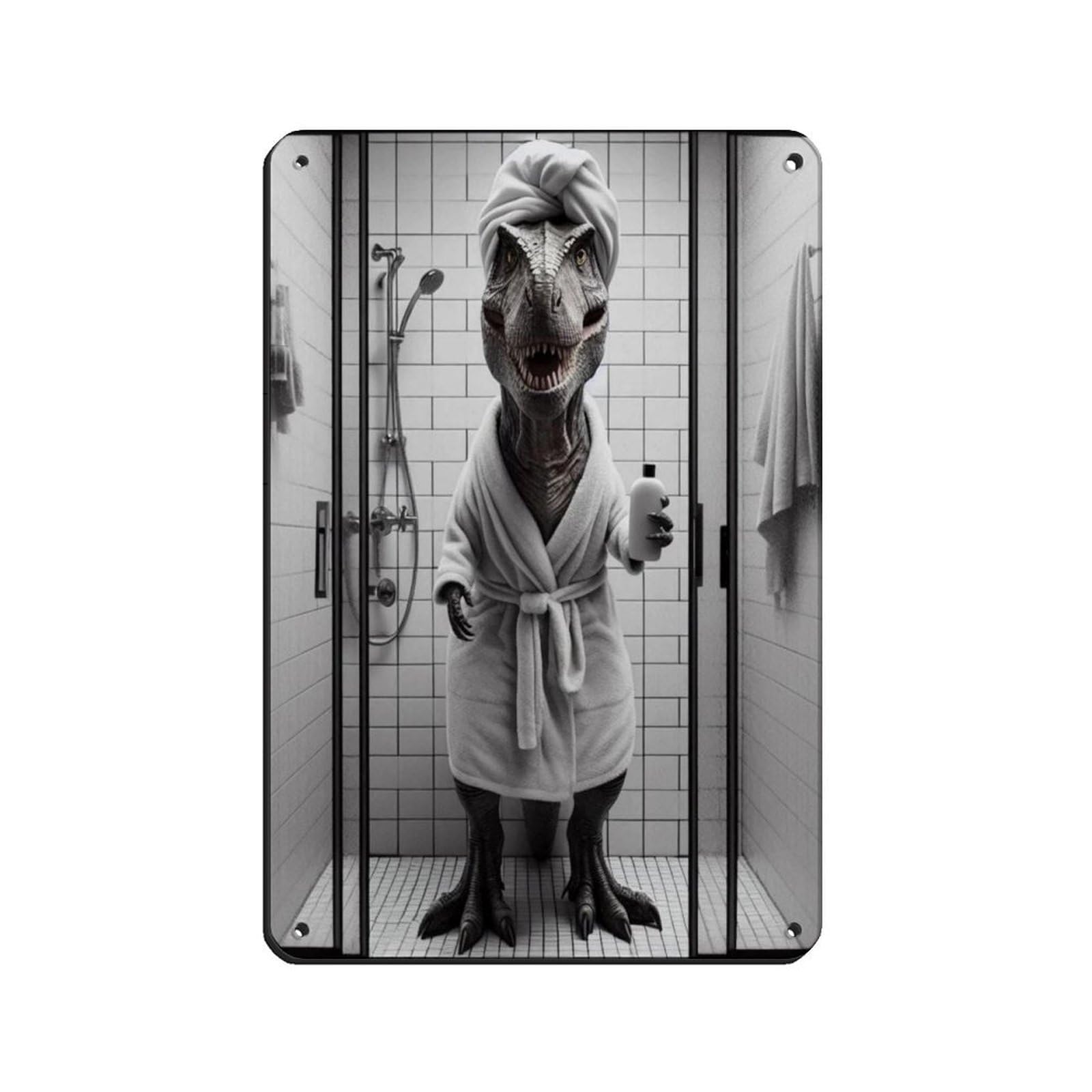 Dino in Bathrobe Taking Shower Tin Sign Vintage Metal Pub Club Cafe Bar Home Wall Art Decoration Poster Retro 8x12inch(20x30cm)