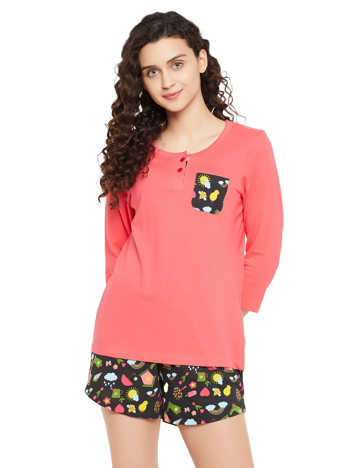 Clovia Women's Chic Basic Top & Print Me Pretty Shorts Set in Salmon Pink in Pink