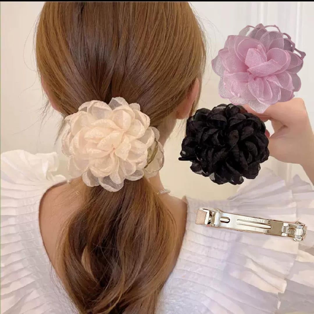 Miss Lirenn® 03 PCS Chiffon Rose Flower Hair Barrette Clips, Pink, White, Black, 3-Piece Set