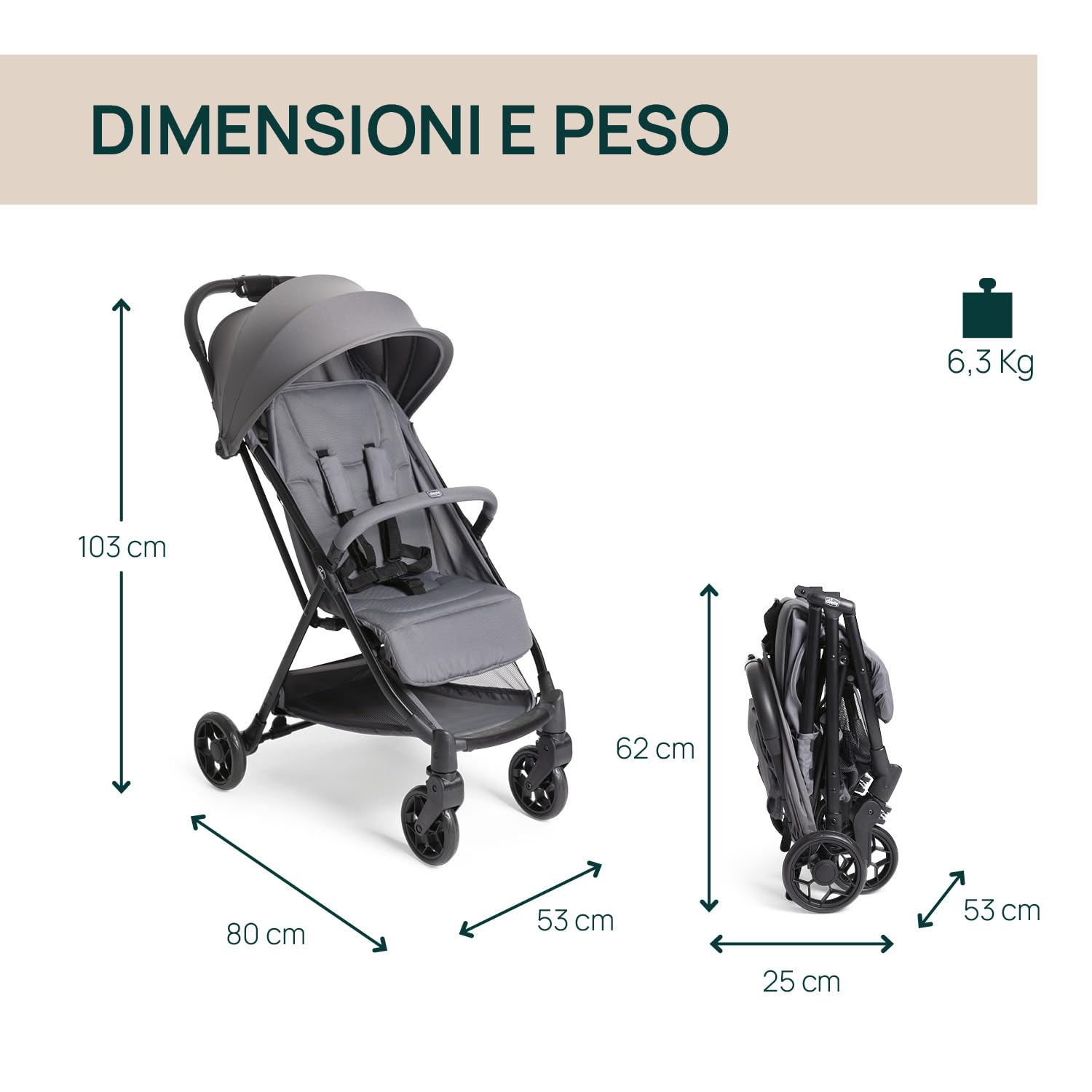 Chicco Urbino, Passeggino 0+ Mesi-22 Kg, Passeggino Leggero con Chiusura Smart e Compatta, Capotte Estensibile con Trattamenti UV50+ Antipioggia, Schienale Reclinabile, Regolabile, Poggiagambe, Grigio