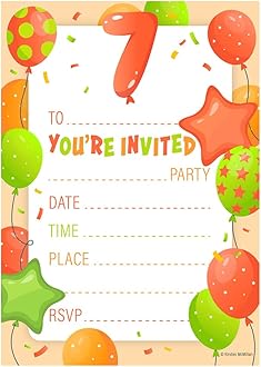 32 Kids Childrens Birthday Party Invitations Age 7 with Envelopes Invitation Orange Pack of 32 Balloon Invites - Designed and Printed in the UK