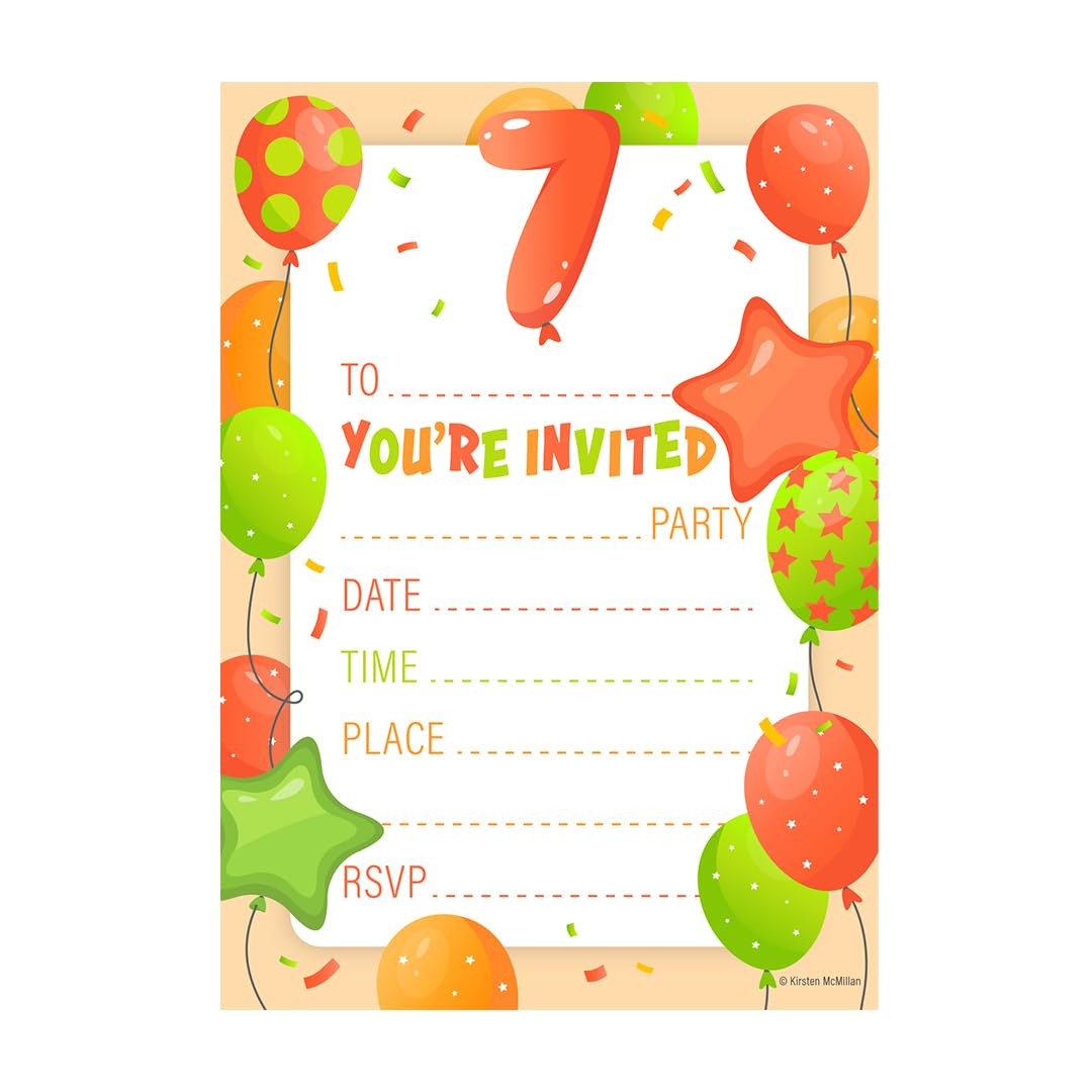 32 Kids Childrens Birthday Party Invitations Age 7 with Envelopes Invitation Orange Pack of 32 Balloon Invites - Designed and Printed in the UK